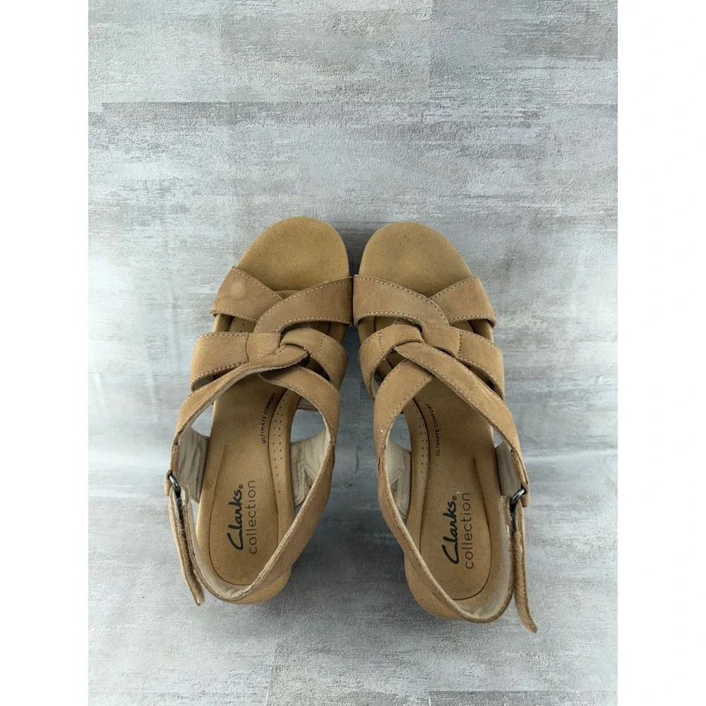 Clarks Collection Tan Nubuck Cork Wedge Platform Sandals Women Sz 7M
